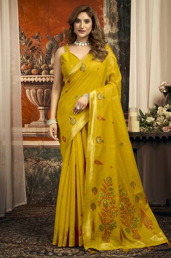 Golden cotton zari border casual wear saree