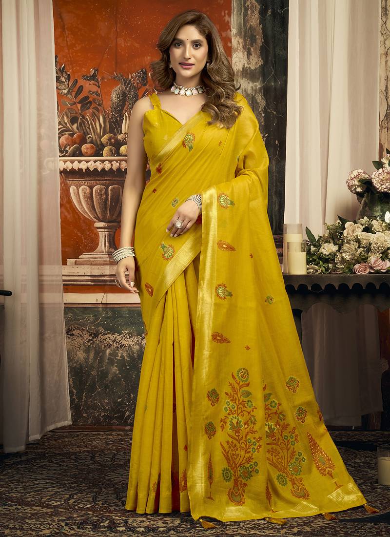 Golden cotton zari border casual wear saree