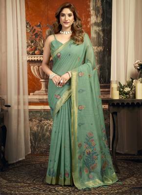 Turquoise  cotton zari border casual wear saree 1