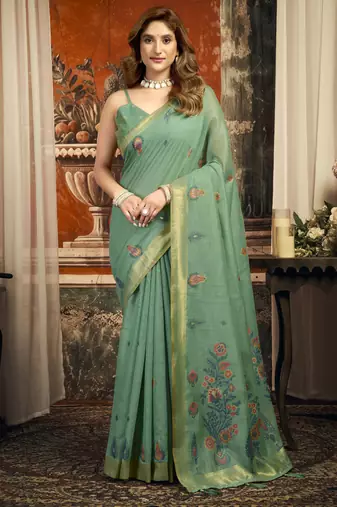 Turquoise  cotton zari border casual wear saree