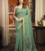 Turquoise  cotton zari border casual wear saree