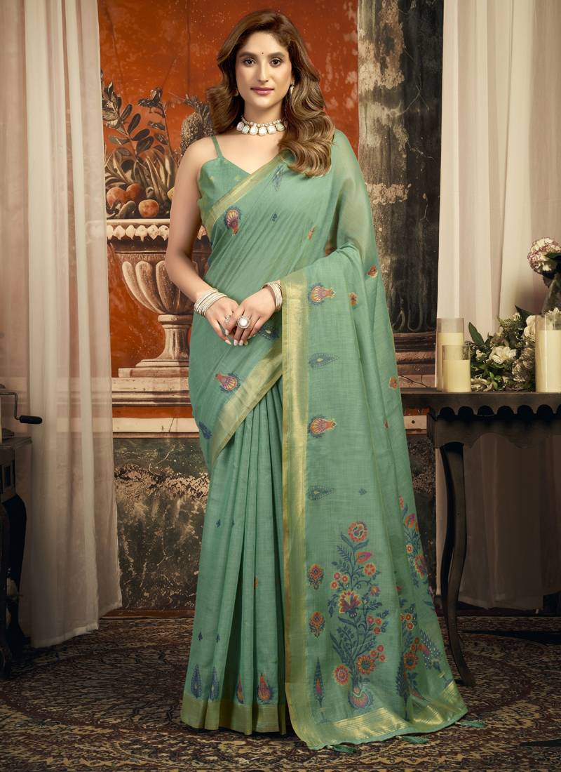 Turquoise  cotton zari border casual wear saree