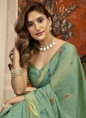 Turquoise  cotton zari border casual wear saree 2
