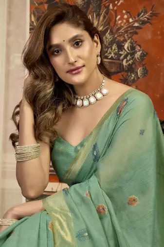 Turquoise  cotton zari border casual wear saree