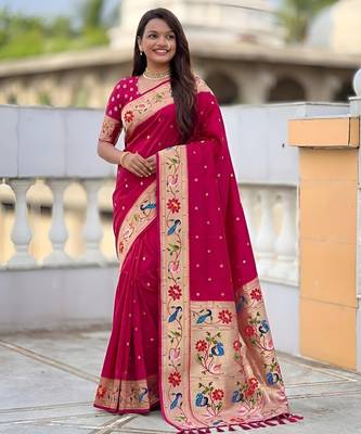 Pink  faux banarasi silk saree with paithani rich weaved pallu and blouse 3
