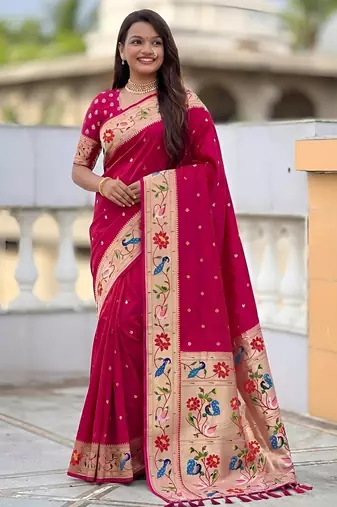 Pink  faux banarasi silk saree with paithani rich weaved pallu and blouse