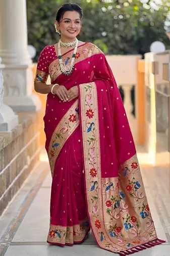 Pink  faux banarasi silk saree with paithani rich weaved pallu and blouse