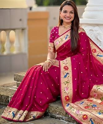 Pink  faux banarasi silk saree with paithani rich weaved pallu and blouse 5