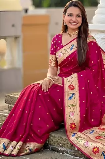 Pink  faux banarasi silk saree with paithani rich weaved pallu and blouse
