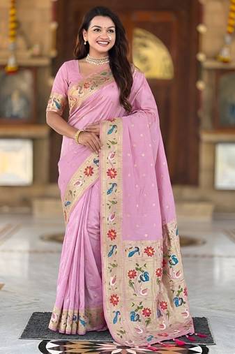 Baby pink  faux banarasi silk saree with paithani rich weaved pallu and blouse