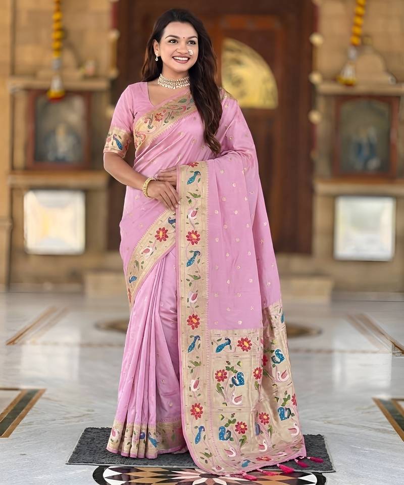 Baby pink  faux banarasi silk saree with paithani rich weaved pallu and blouse
