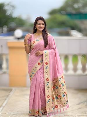 Baby pink  faux banarasi silk saree with paithani rich weaved pallu and blouse 2