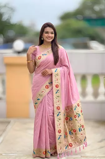 Baby pink  faux banarasi silk saree with paithani rich weaved pallu and blouse