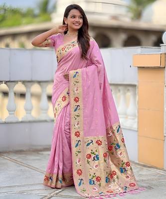 Baby pink  faux banarasi silk saree with paithani rich weaved pallu and blouse 3