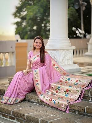 Baby pink  faux banarasi silk saree with paithani rich weaved pallu and blouse 4
