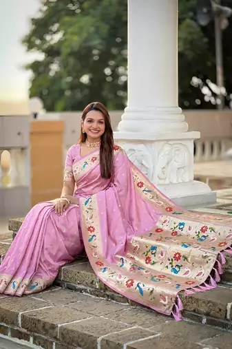 Baby pink  faux banarasi silk saree with paithani rich weaved pallu and blouse