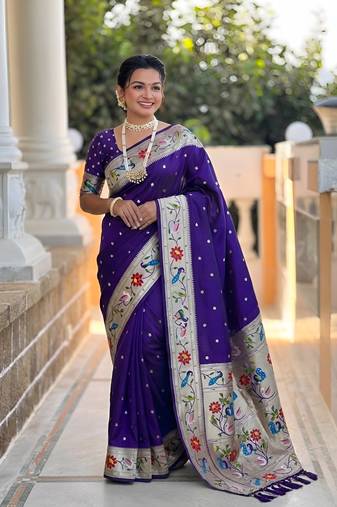 Violet  faux banarasi silk saree with paithani rich weaved pallu and blouse