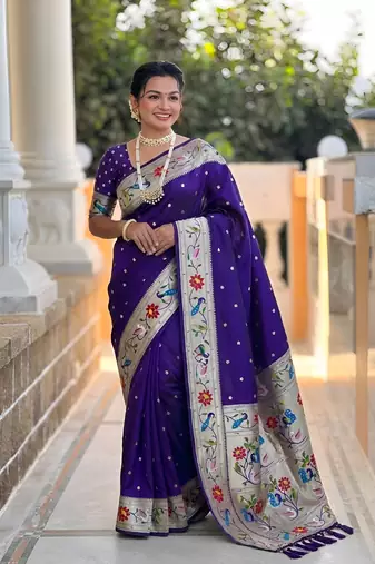 Violet  faux banarasi silk saree with paithani rich weaved pallu and blouse