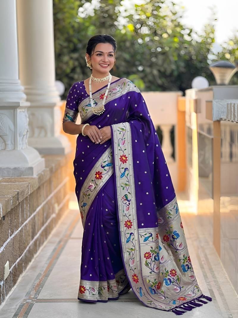 Violet  faux banarasi silk saree with paithani rich weaved pallu and blouse