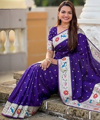 Violet  faux banarasi silk saree with paithani rich weaved pallu and blouse 3