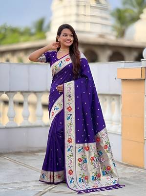 Violet  faux banarasi silk saree with paithani rich weaved pallu and blouse 4