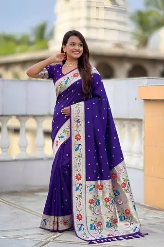 Violet  faux banarasi silk saree with paithani rich weaved pallu and blouse