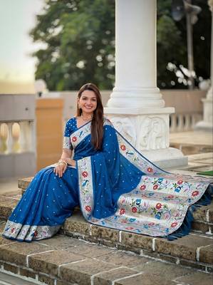 Teal blue  faux banarasi silk saree with paithani rich weaved pallu and blouse 3