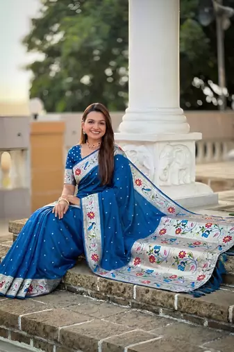 Teal blue  faux banarasi silk saree with paithani rich weaved pallu and blouse