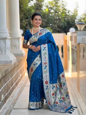 Teal blue  faux banarasi silk saree with paithani rich weaved pallu and blouse 4