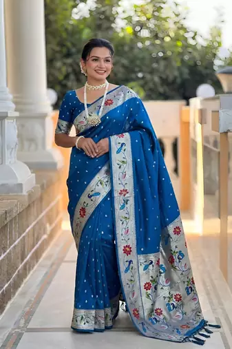 Teal blue  faux banarasi silk saree with paithani rich weaved pallu and blouse