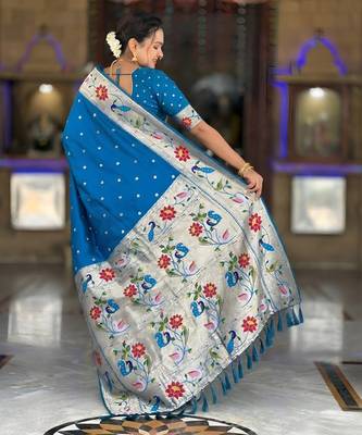 Teal blue  faux banarasi silk saree with paithani rich weaved pallu and blouse 5