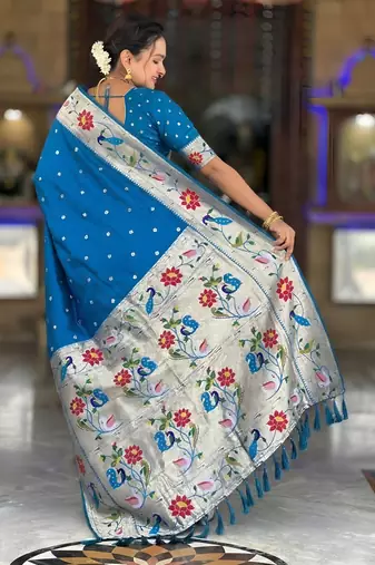 Teal blue  faux banarasi silk saree with paithani rich weaved pallu and blouse