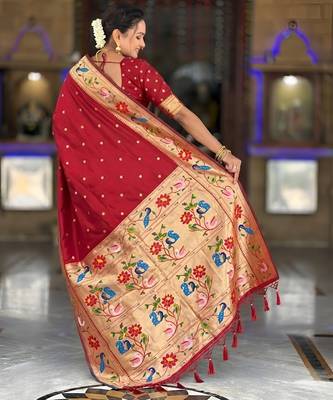 Red  faux banarasi silk saree with paithani rich weaved pallu and blouse 3