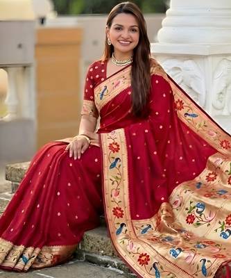 Red  faux banarasi silk saree with paithani rich weaved pallu and blouse 5