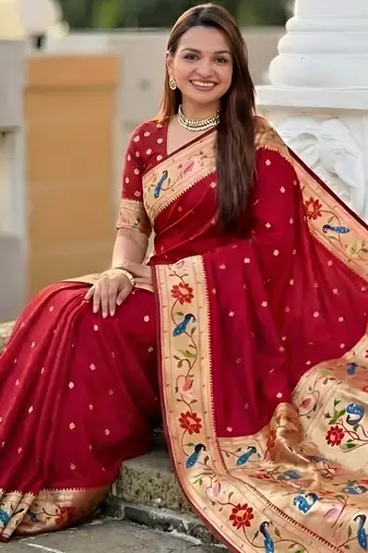 Red  faux banarasi silk saree with paithani rich weaved pallu and blouse