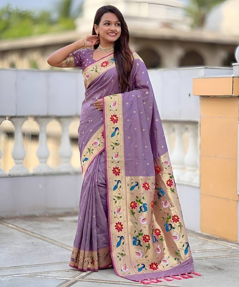 Lavender faux banarasi silk saree with paithani rich weaved pallu and blouse