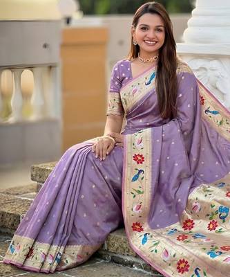 Lavender faux banarasi silk saree with paithani rich weaved pallu and blouse 5