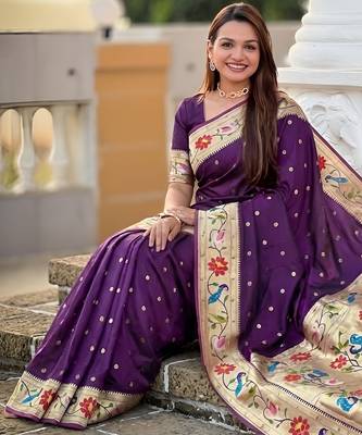 Wine  faux banarasi silk saree with paithani rich weaved pallu and blouse 2