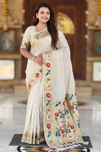 Off white faux banarasi silk saree with paithani rich weaved pallu and blouse