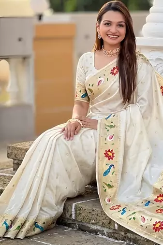Off white faux banarasi silk saree with paithani rich weaved pallu and blouse