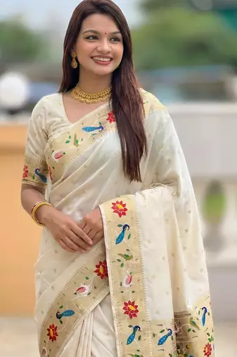 Off white faux banarasi silk saree with paithani rich weaved pallu and blouse