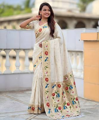 Off white faux banarasi silk saree with paithani rich weaved pallu and blouse 5
