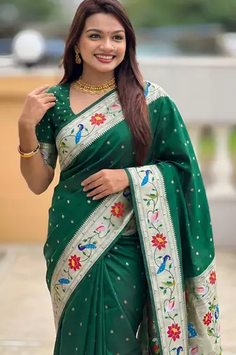 Green  faux banarasi silk saree with paithani rich weaved pallu and blouse