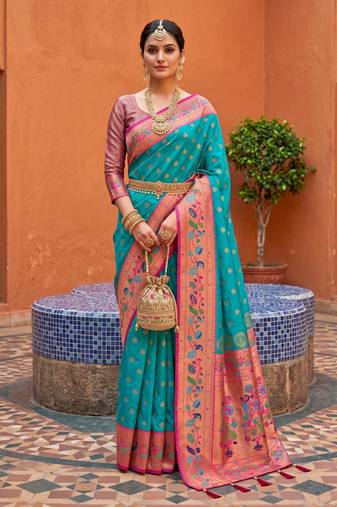 Sky blue faux banarasi silk saree with paithani rich weaved pallu and blouse