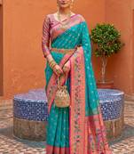 Sky blue faux banarasi silk saree with paithani rich weaved pallu and blouse