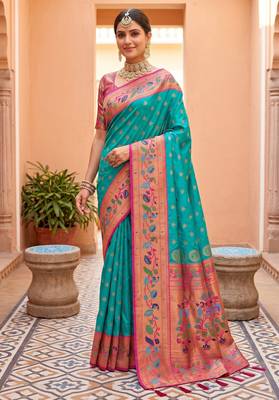 Sky blue faux banarasi silk saree with paithani rich weaved pallu and blouse 2
