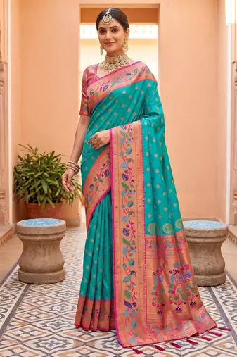 Sky blue faux banarasi silk saree with paithani rich weaved pallu and blouse