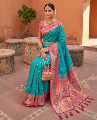 Sky blue faux banarasi silk saree with paithani rich weaved pallu and blouse 3