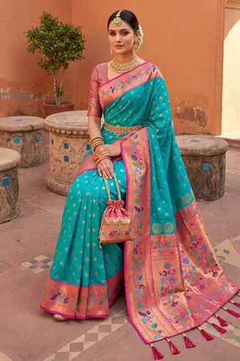 Sky blue faux banarasi silk saree with paithani rich weaved pallu and blouse