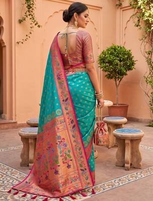 Sky blue faux banarasi silk saree with paithani rich weaved pallu and blouse 4